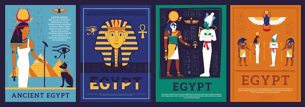 Egypt posters Covers with Egyptian gods and goddess Mythological religious symbols and hieroglyphic inscriptions Ancient architecture buildings Vector isolated historic banners set