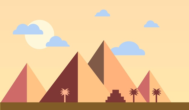 Egypt pyramids with palms in desert flat design Travel concept famous Sunset Vector Illustration