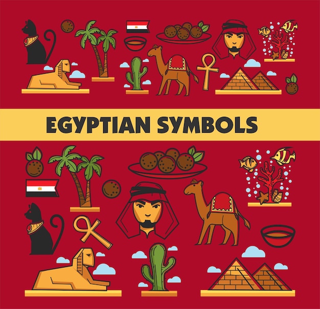 Egypt symbols Egyptian culture landmarks and cuisine banner