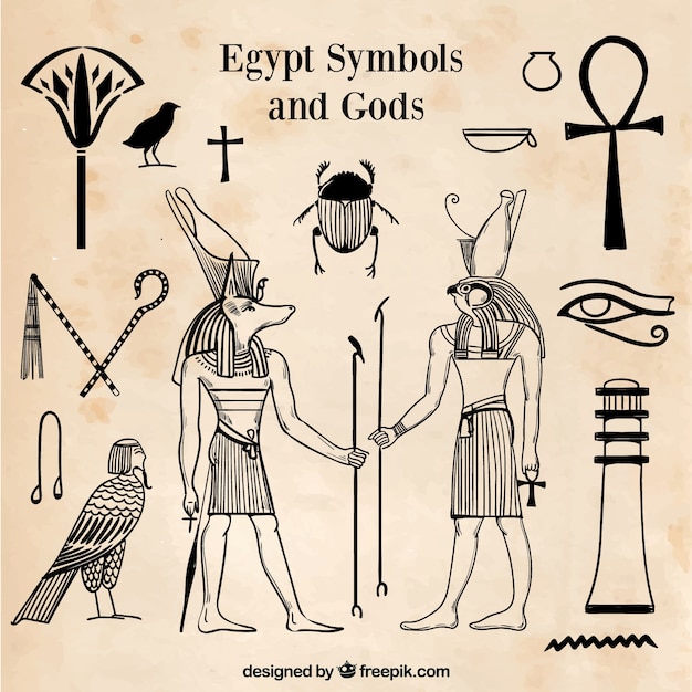 Vector egypt symbols and gods set in hand drawn style