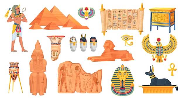 Egyptian ancient objects Egypt ruine and history monuments egyptians statue stone landmark pharaoh pyramid myth animal sphinx civilization ingenious vector illustration of history ancient egyptian