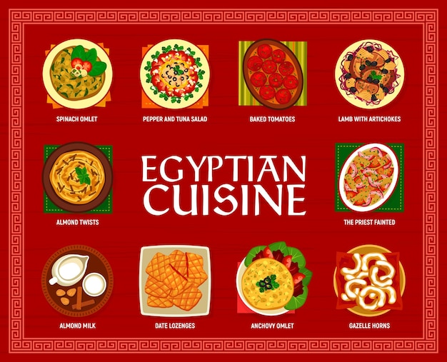 Egyptian cuisine menu with food dishes and meals for lunch and dinner, vector. Egypt restaurant traditional food with spinach omlet, almond and baked tomatoes, lamb with artichokes and gazelle horns