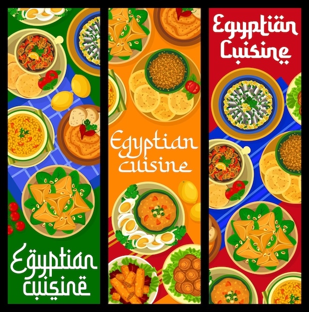 Egyptian cuisine restaurant food banners. Ful Mudammas salad, Dukkah seasame and fatayer rolls, Briouats fingers, Taamia Fava and Hulba Fenugreek sauce, Egyptian soup, Hamsi Buglamasi and tidbits