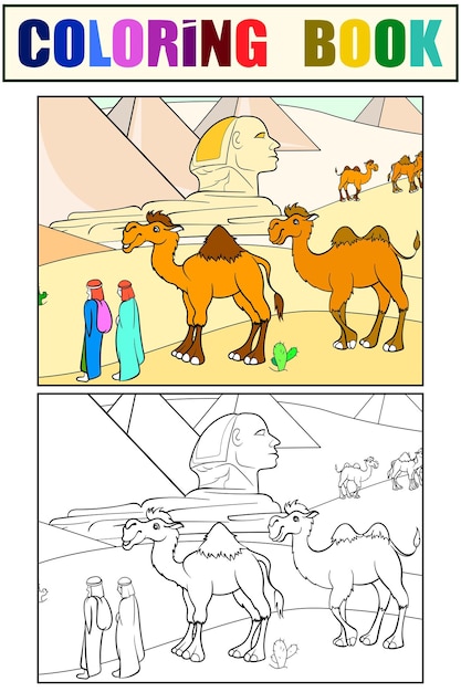 Egyptian desert camels tourist attraction Set of coloring book and color picture