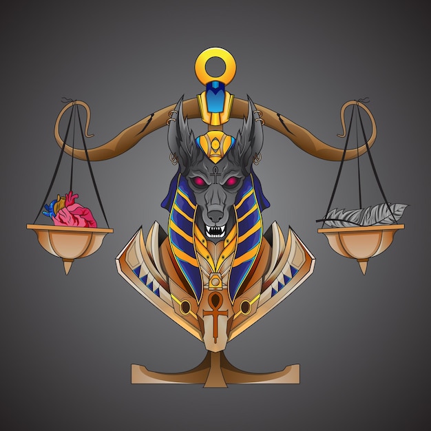 Egyptian God Anubis measures the human heart and pen on sacred scales God of death