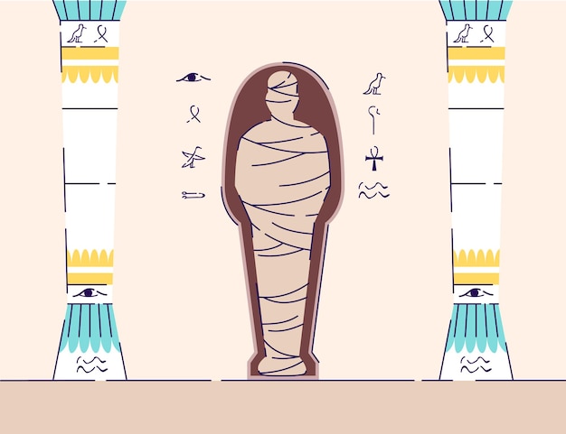 Egyptian mummy flat vector illustration. Ancient sarcophagus, hieroglyphs, columns. Tomb of pharaoh. Museum exposition with artifacts of ancient Egypt. Archaeological find cartoon backdrop