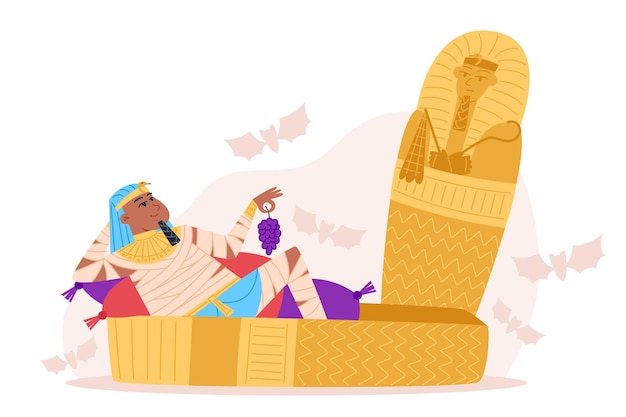 Egyptian Pharaoh lies in an open sarcophagus and rests, Halloween character