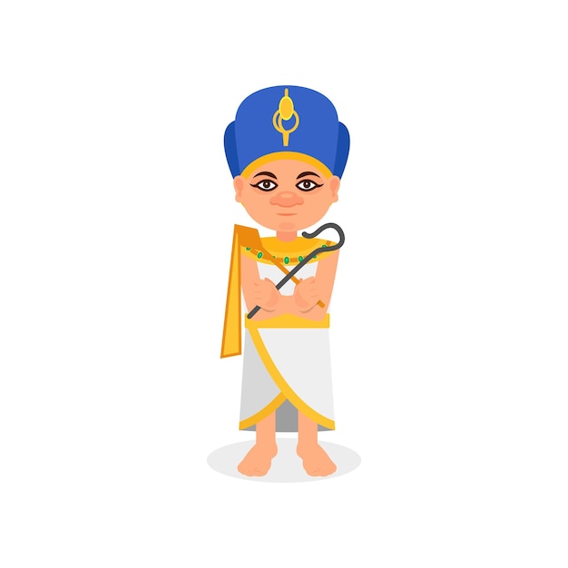 Egyptian pharaoh standing with rod and whip in hands Ancient Egypt theme Man in traditional costume and headdress Flat vector icon