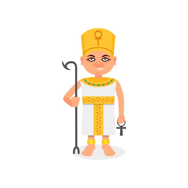 Egyptian pharaoh with scepter and ankh cross in hands Cartoon character of man in traditional costume and headdress Flat vector icon