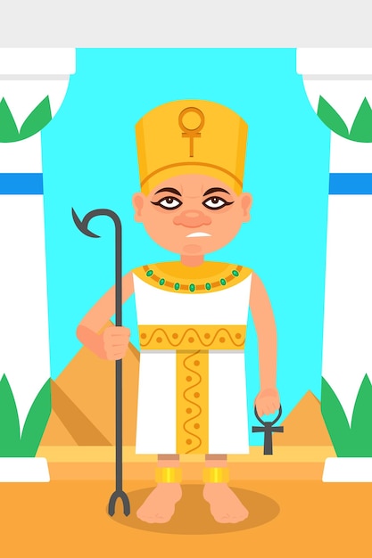 Egyptian pharaoh with scepter and ankh cross in hands standing near columns Ancient pyramids on background Flat vector