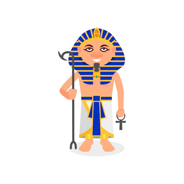 Egyptian pharaoh with scepter and ankh cross Ruler of ancient Egypt Man in traditional clothes and headdress Flat vector design