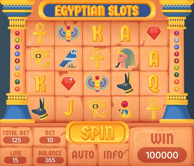 Egyptian slots Game casino slot frame in ancient egypt civilization style pharaoh history symbol background with gold jewelry icon elements ingenious vector illustration of egyptian slot machine