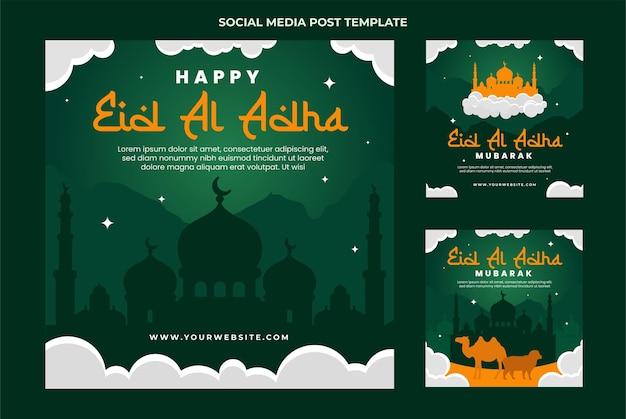 Eid adha mubarak social media vector design with green and orange color and cloud vector