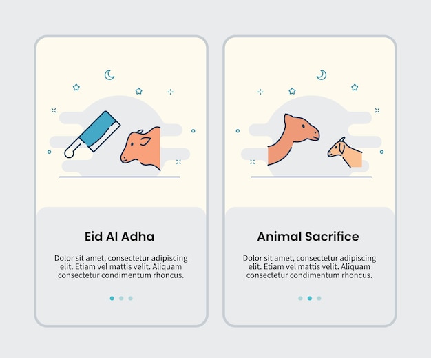 Eid al adha and animal sacrifice icons onboarding template for mobile ui user interface app application design vector illustration