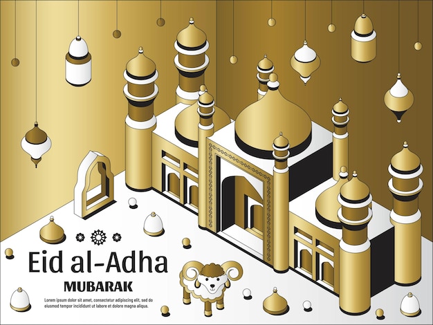 Eid al adha background isometric islamic arabic mosque lanterns and sheep greeting card festival of ...