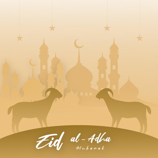 Eid Al Adha banner design P A picture of two Sheeps and a mosque with a mosque in the background