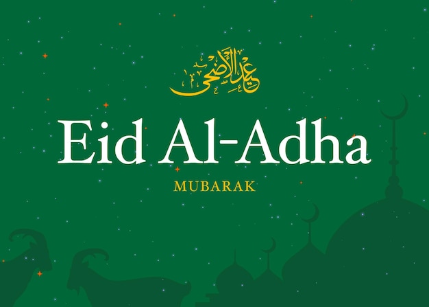 Eid Al Adha festival Greeting card with sacrificial sheep and crescent on green background