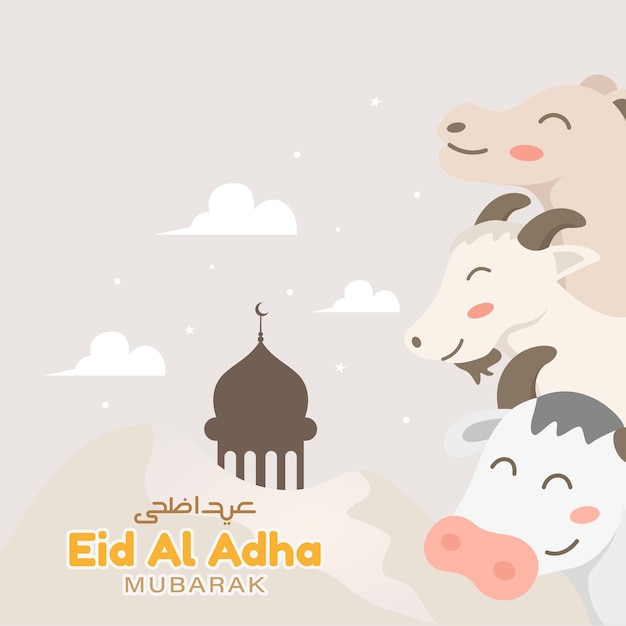 Eid al adha greeting card design with camel goat and cow flat illustration