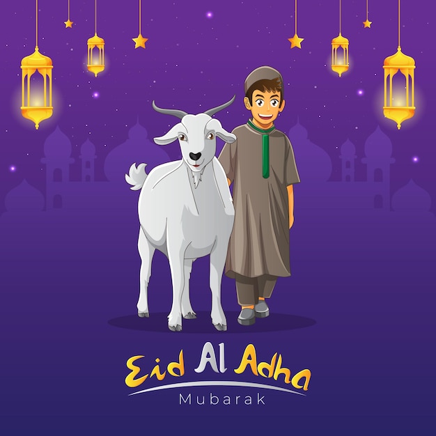 Eid al adha greeting card with a child walking with his goat