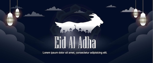 Eid al Adha greetings with mosque and goat symbols for banner