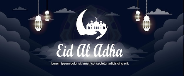 Eid al Adha greetings with mosque symbols and goats in the moon for banner