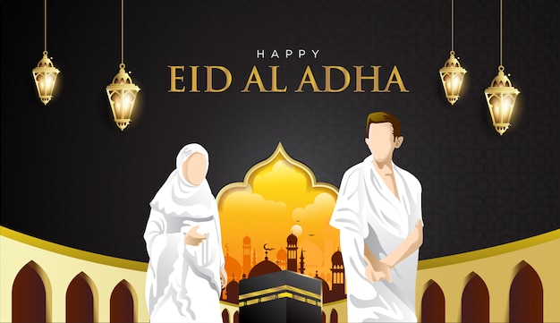 Eid al Adha and Hajj Mabrour background with Kaaba, man and woman Hajj Character