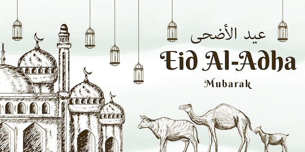 Eid al adha hand drawn with mosque camel cow and goat