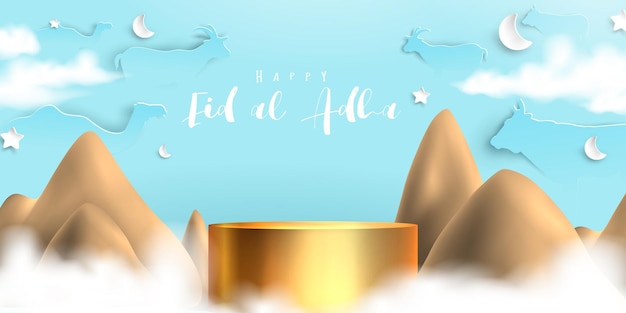 Eid al adha islamic decoration display podium background with goat camel cow moon and star Product showcase for ramadan kareem mawlid eid al fitr muharram