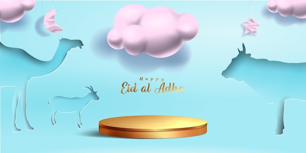 Eid al adha islamic decoration display podium background with goat camel cow moon and star Product showcase for ramadan kareem mawlid eid al fitr muharram