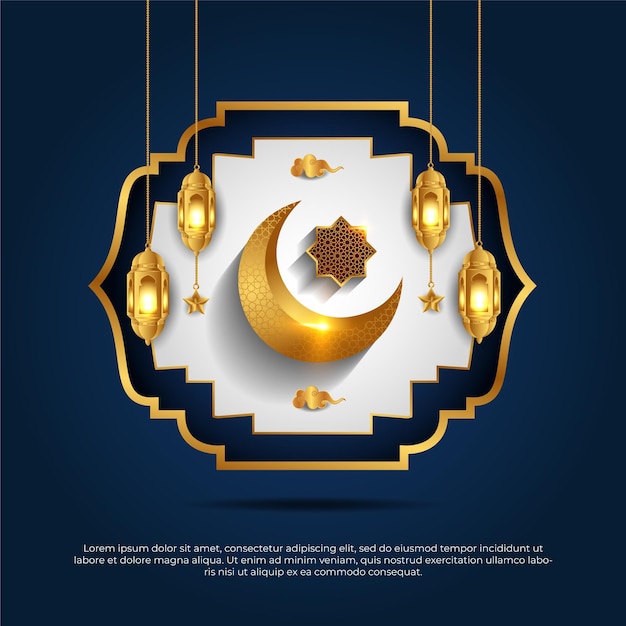 Eid al adha mubarak 3d golden beautiful islamic moon star lamp vector design