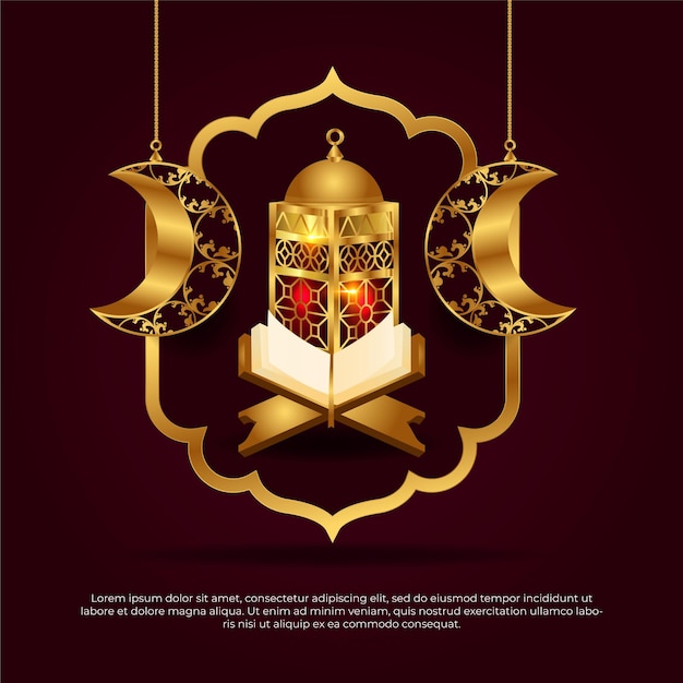 Eid al adha mubarak 3d islamic golden lamp moon and quran vector design