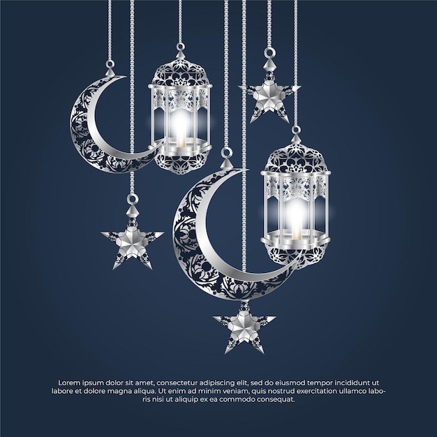 Eid al adha mubarak 3d silver 3d moon lamp and star vector design