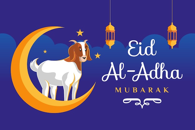 eid al adha mubarak banner with crescent moon and goat