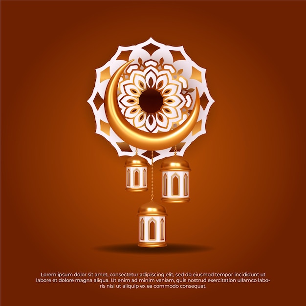 Eid al adha mubarak beautiful 3d islamic moon and hanging lamp mandala vector background