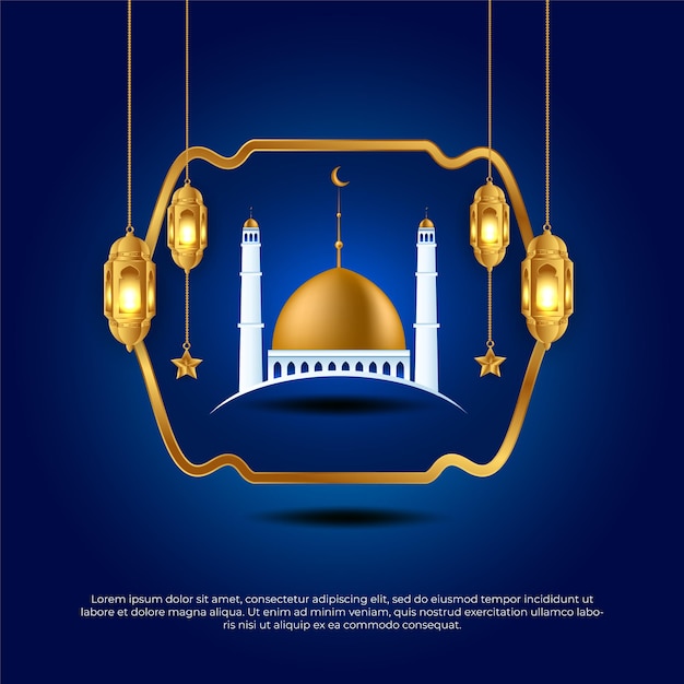 Eid al adha mubarak beautiful blue islamic golden 3d modque star lamp vector background