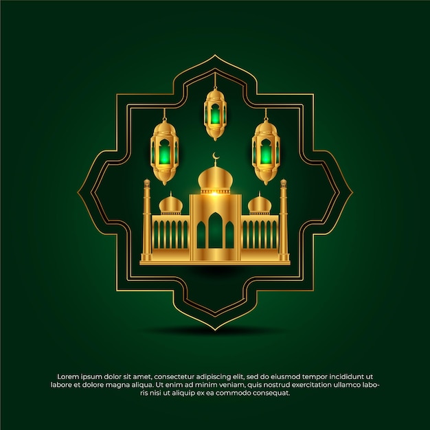 Eid al adha mubarak beautiful green and golden islamic mosque lamp vector ackground