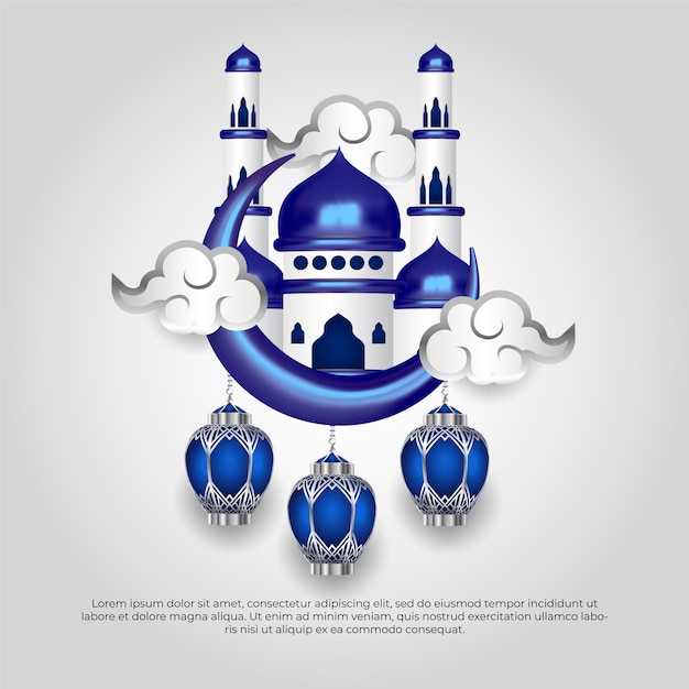 Eid al adha mubarak beautiful islamic 3d blue moo lamp and mosque vector design