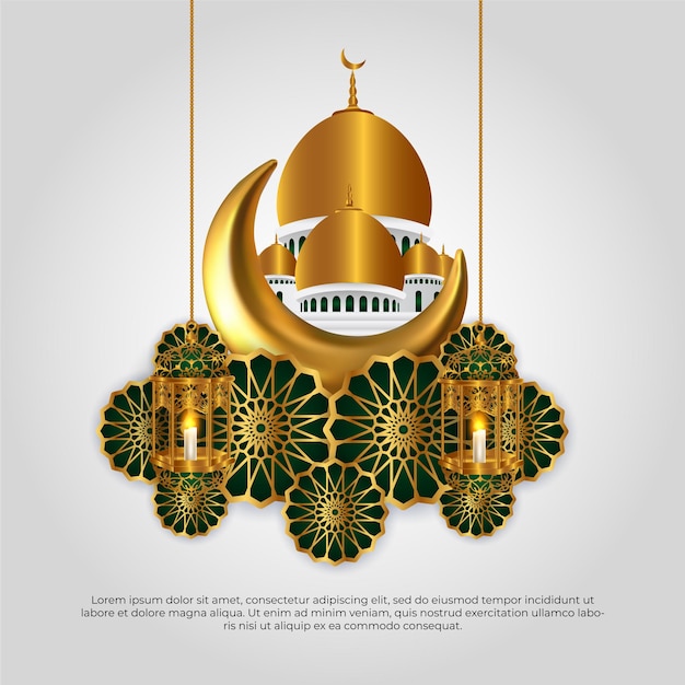 Eid al adha mubarak beautiful islamic 3d golden moon mandala mosque and lamp vector design