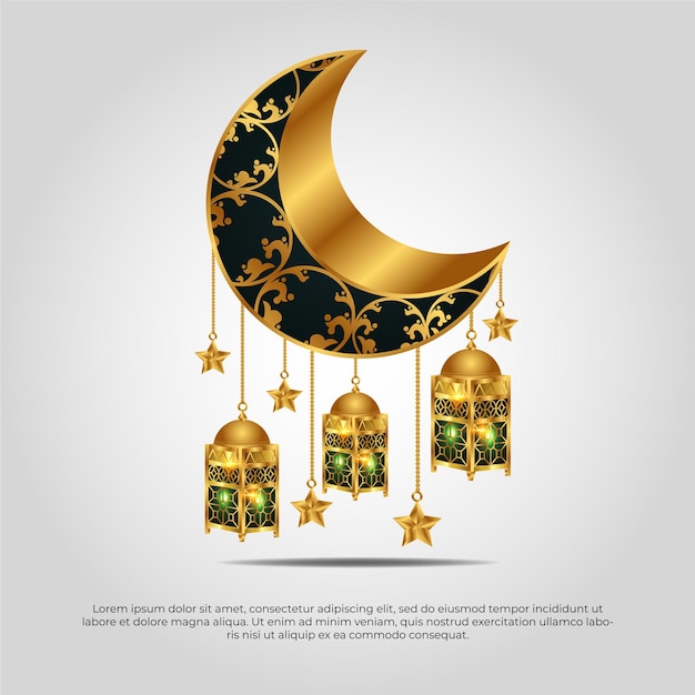 Eid al adha mubarak beautiful islamic 3d golden moon star and lamp vector design