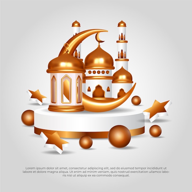 Eid al adha mubarak beautiful islamic 3d golden mosque lamp star and moon vector design