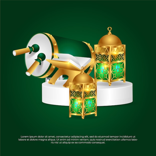 Eid al adha mubarak beautiful islamic 3d green quran lamp and drum vector design