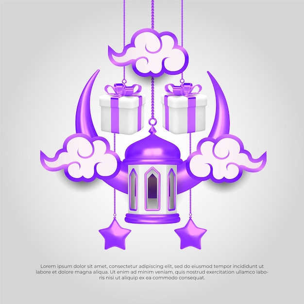 Eid al adha mubarak beautiful islamic 3d hanging lamp gift and star vector design