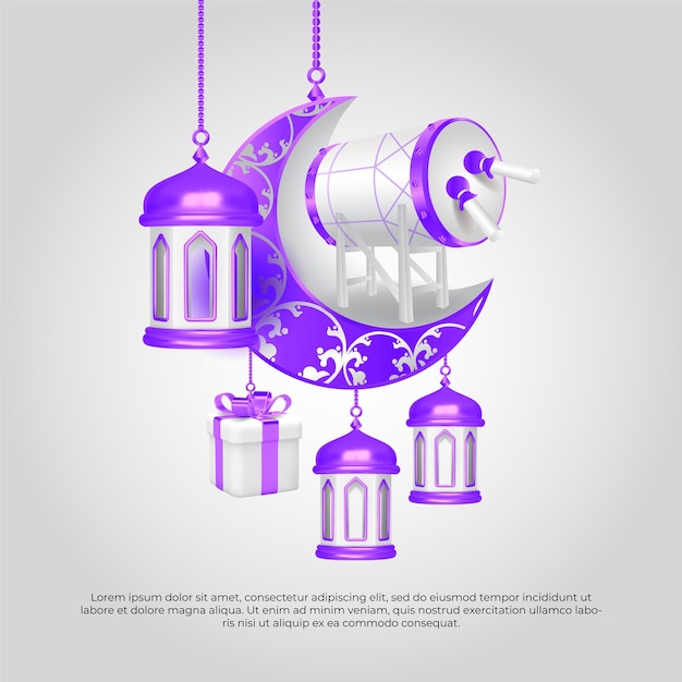 Eid al adha mubarak beautiful islamic 3d moon gift lamp and drum 3d vector design