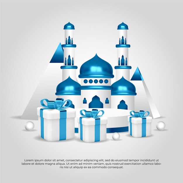 Eid al adha mubarak beautiful islamic 3d mosque gift vector design