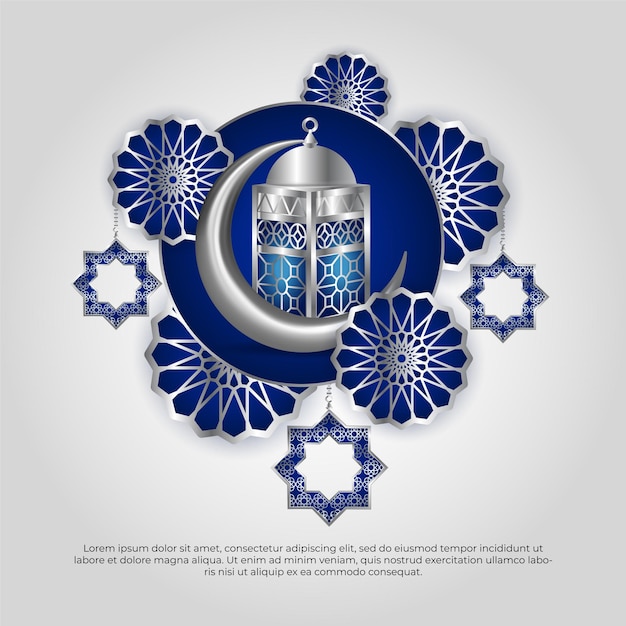 Eid al adha mubarak beautiful islamic blue 3d lamp moon and mandala vector design