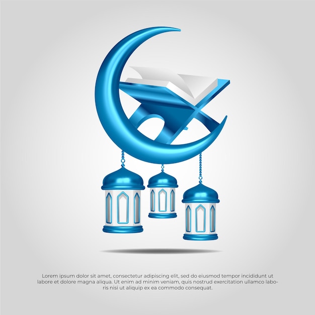 Eid al adha mubarak beautiful islamic blue 3d quran moon and lamp vector design