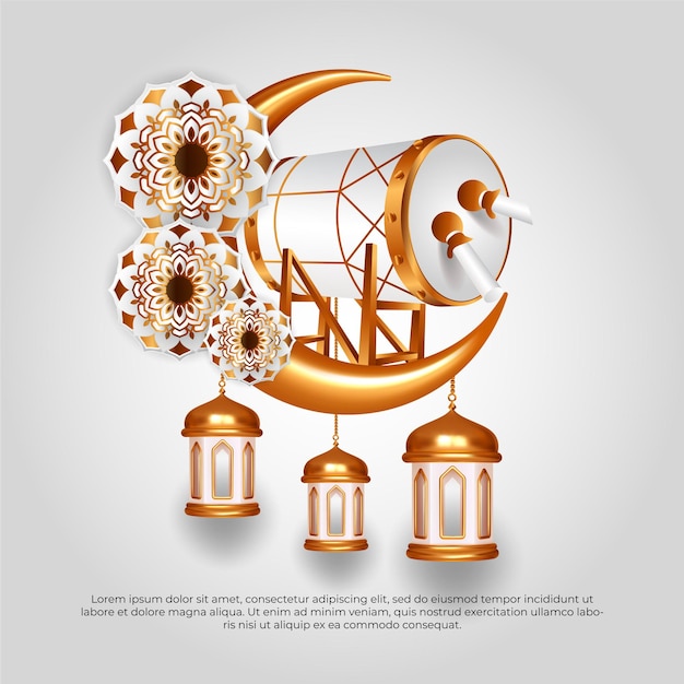 Eid al adha mubarak beautiful islamic golden moon mandala lamp and drum vector design