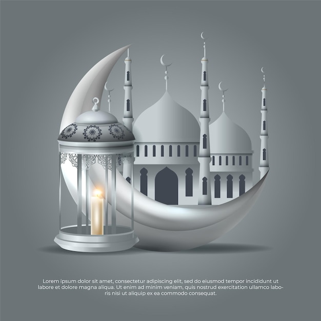 Eid al adha mubarak beautiful islamic vector 3d lamp moon and mosque vector design