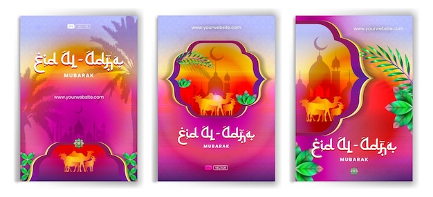 Eid al adha mubarak celebration greeting cards design collection vibrant violet background