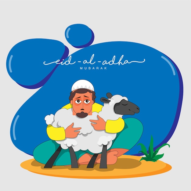 Eid-Al-Adha Mubarak Concept With Muslim Young Man Holding Cartoon Sheep